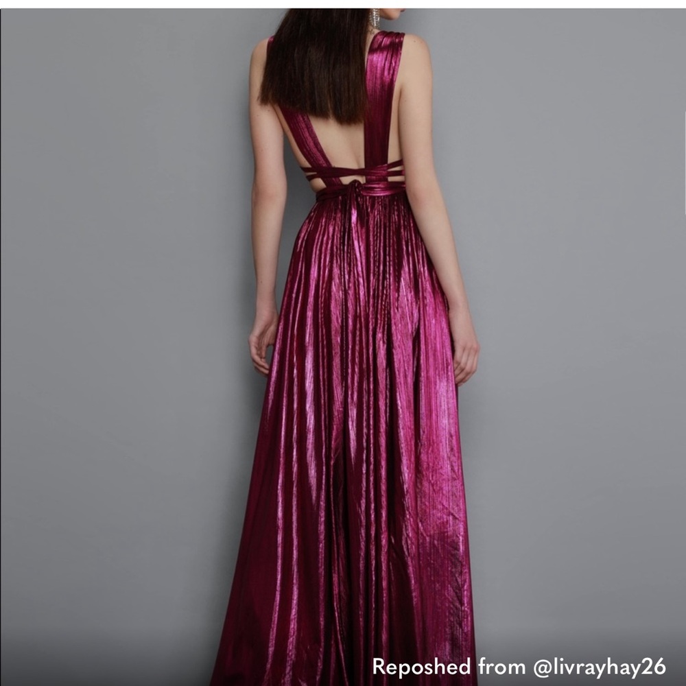 Bronx and Banco Metallic Burgundy Red Plunge Maxi Dress - Picture 3 of 5